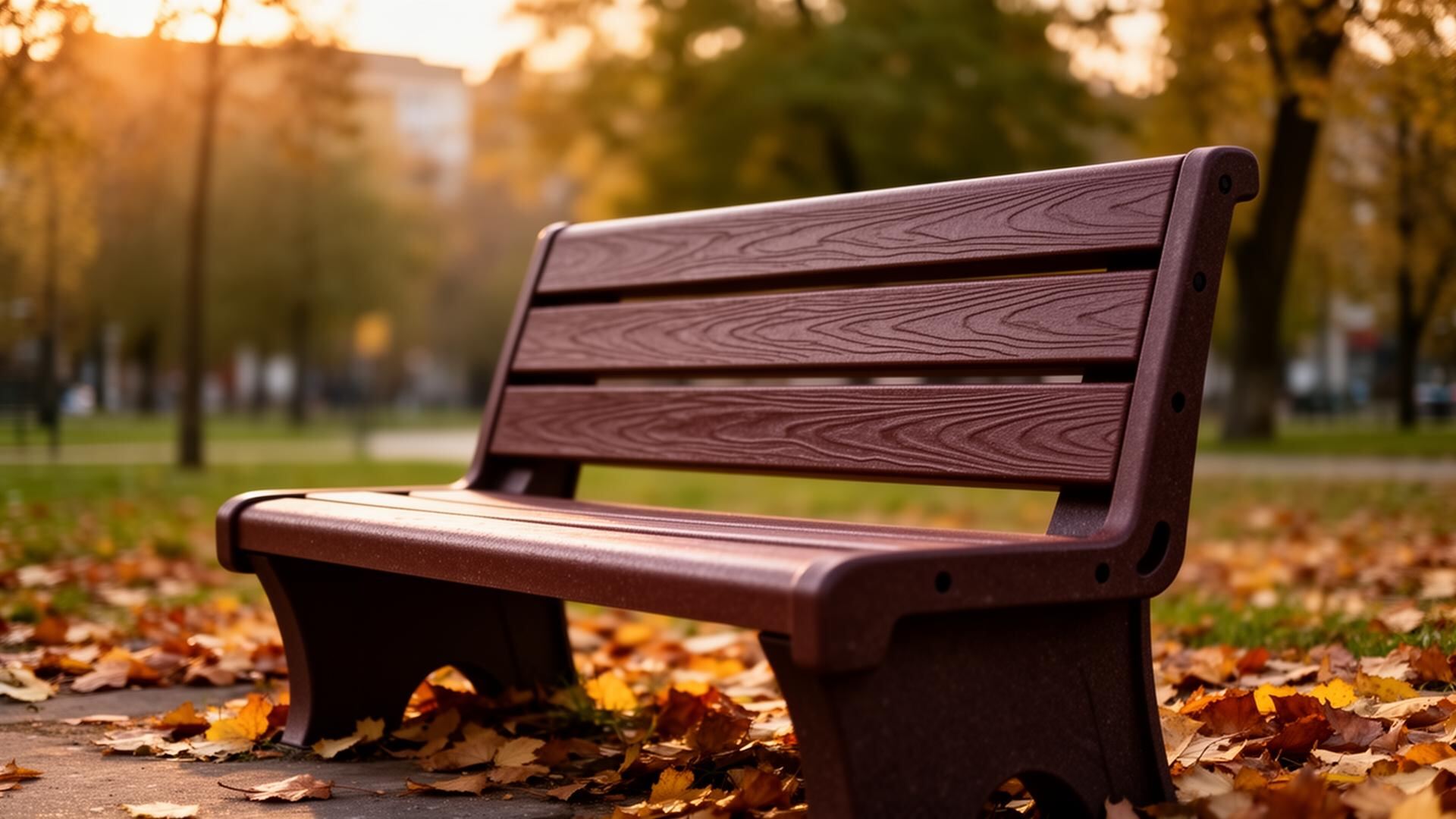 Bancă urbană din plastic reciclat ECOFORM în parcul orașului la apus